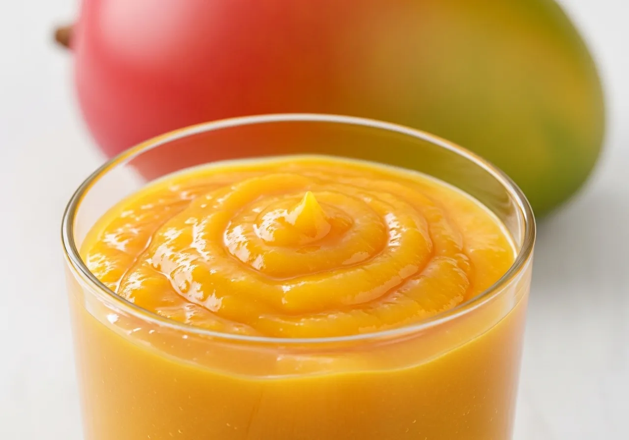Puré de mango de alta densidad en un recipiente de vidrio.
