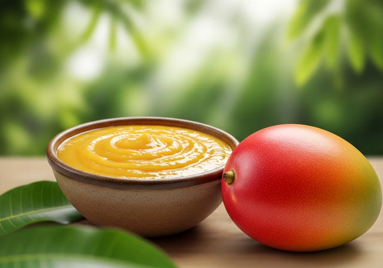 Puré de mango y fruta fresca