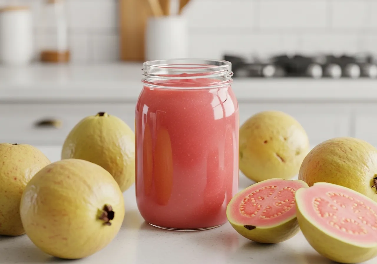 Puré de guayaba en frasco con guayabas frescas.