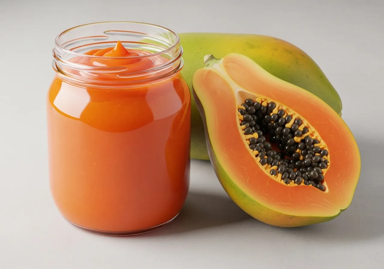 Frasco de puré de papaya con fruta fresca.