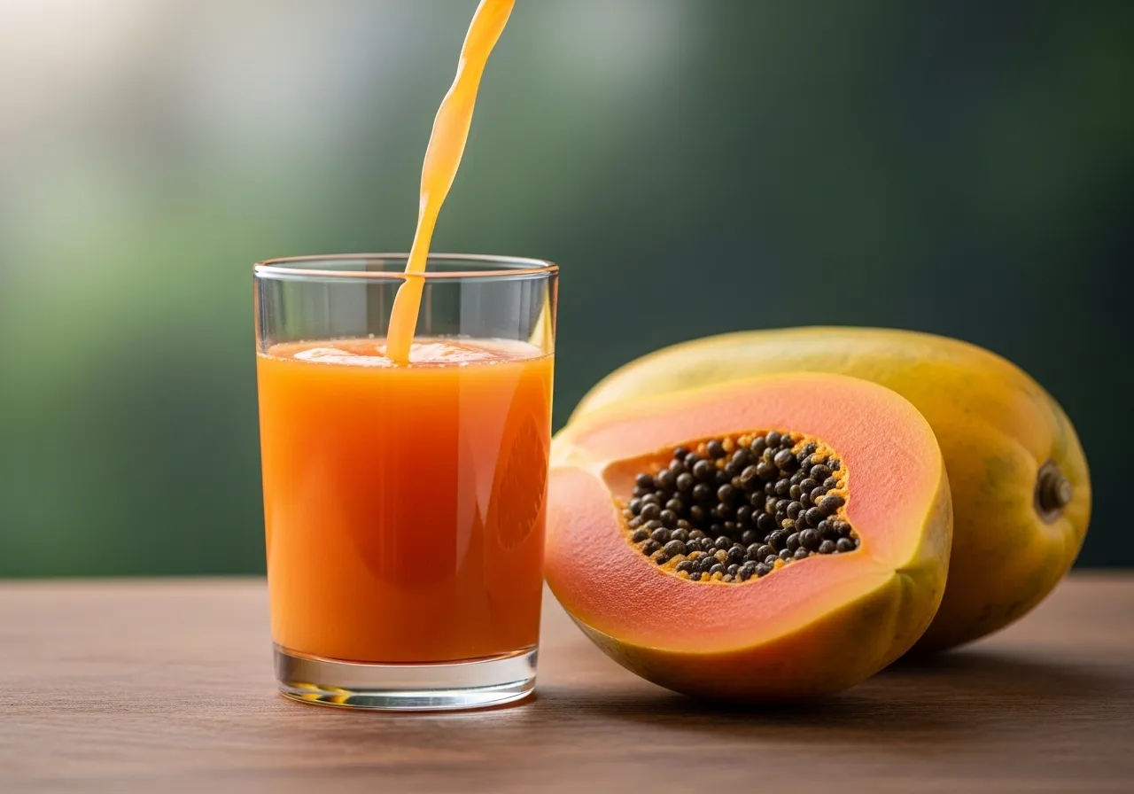 Vaso de jugo de papaya con fruta fresca.