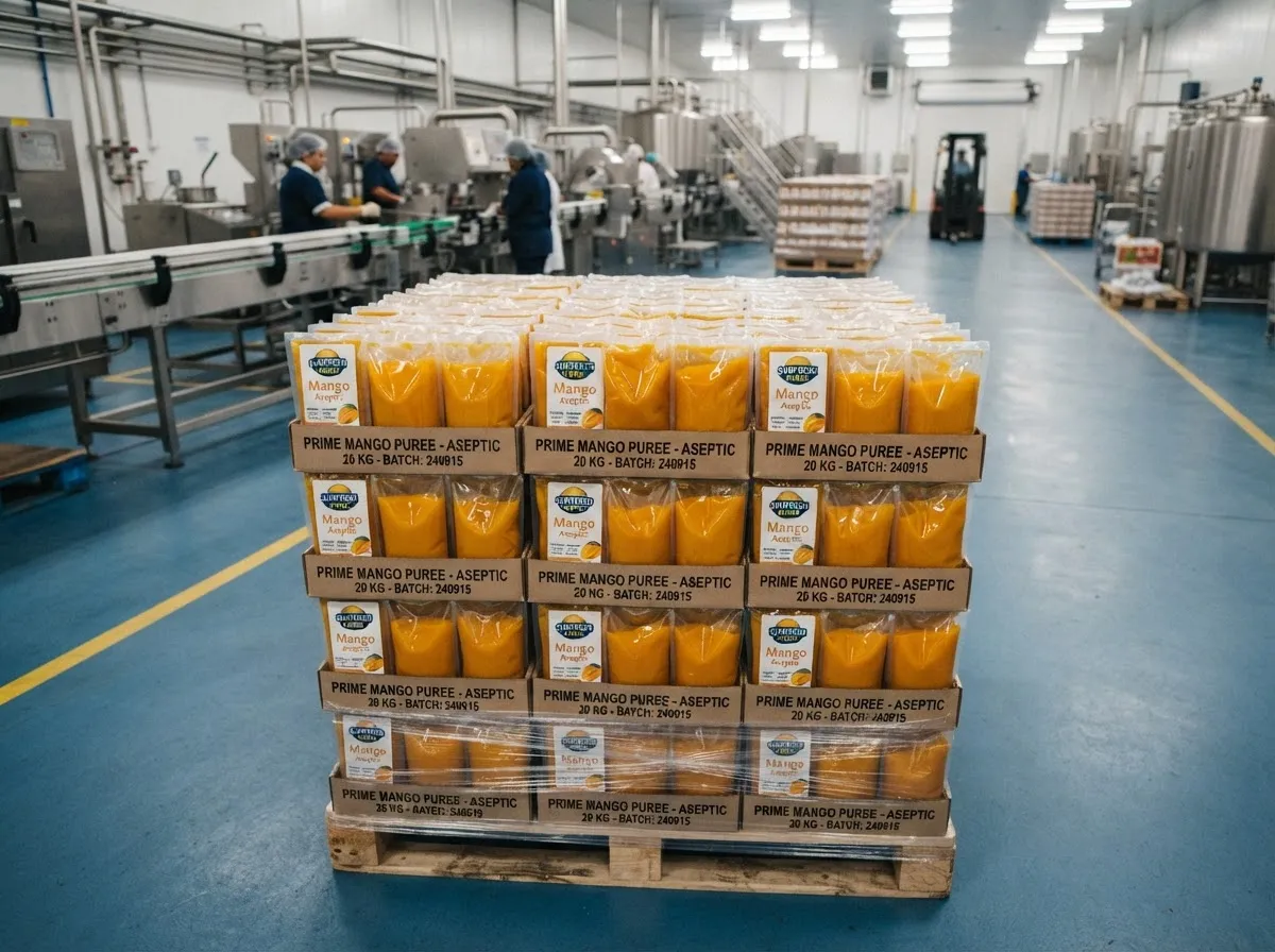Empaques de puré de mango en un entorno industrial.