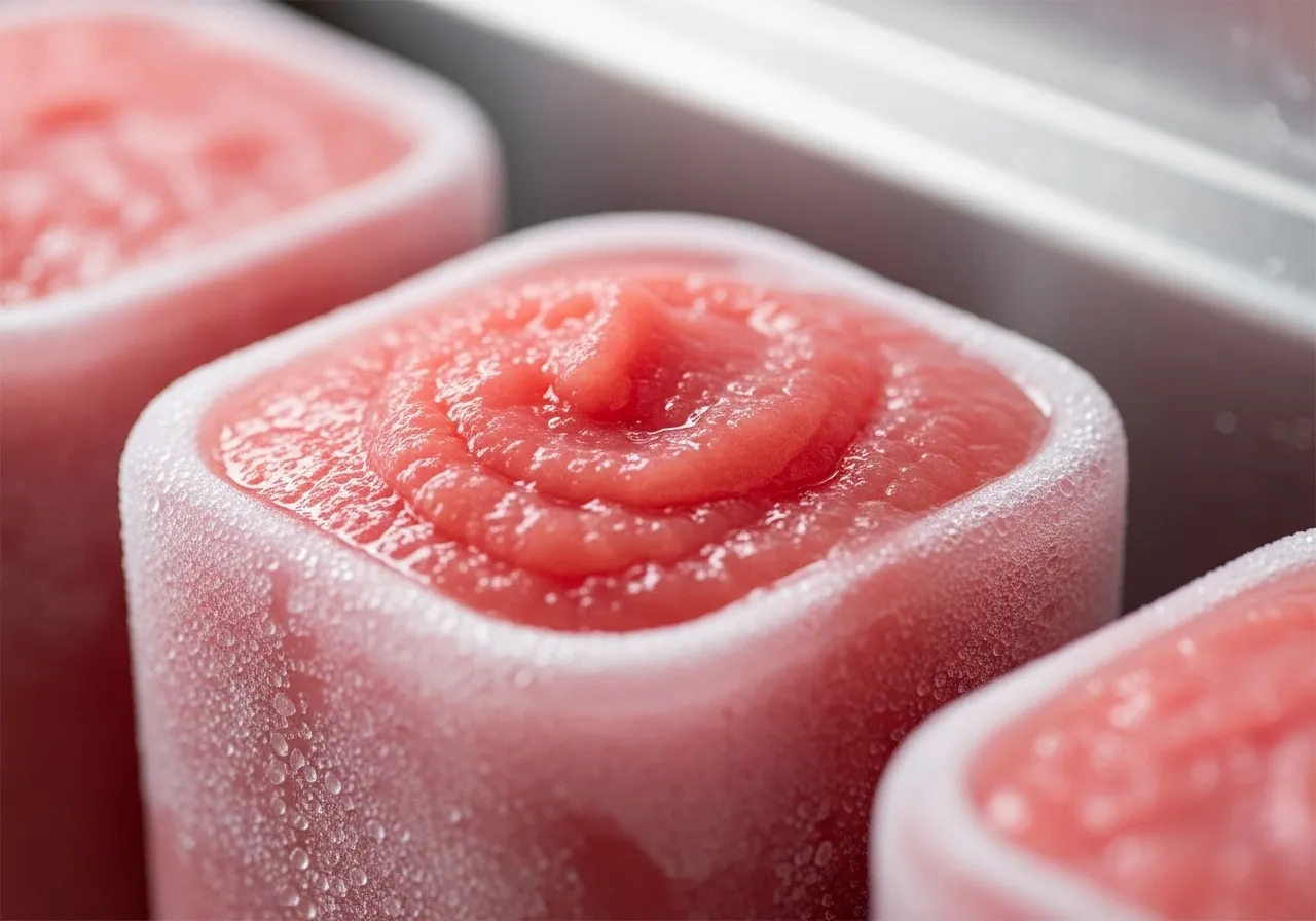 Puré de guayaba rosada congelado en envase industrial.