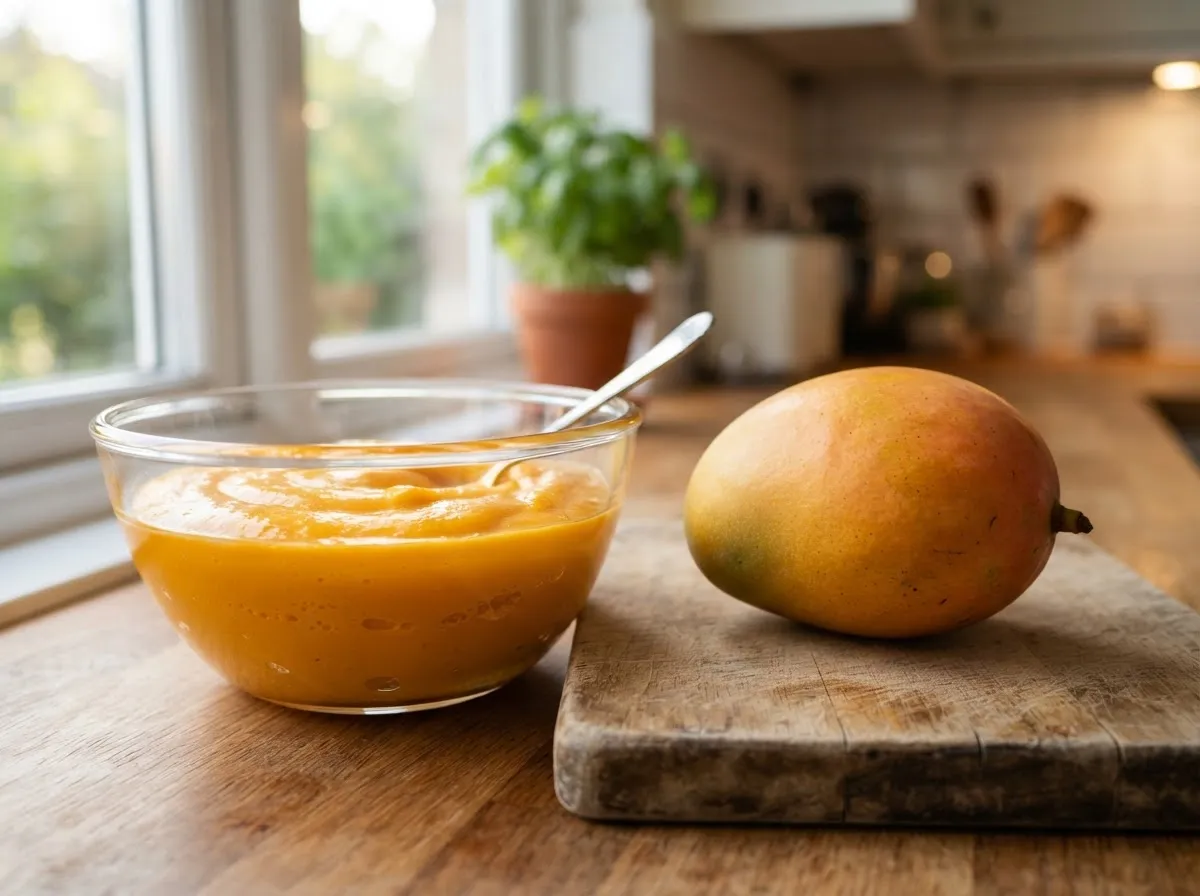 Puré de mango congelable en un recipiente de cocina.