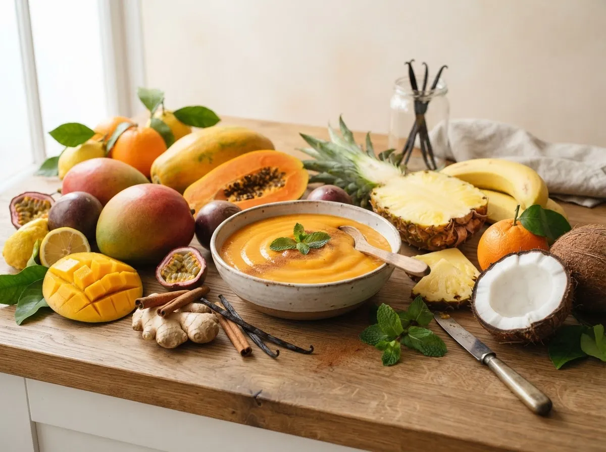 Tropical fruit and spice still life with papaya puree