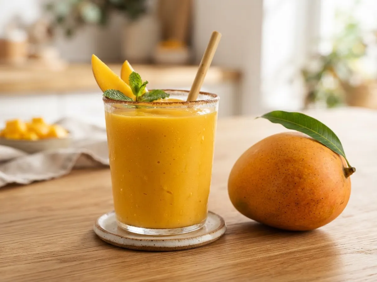 Batido de mango con fruta fresca.